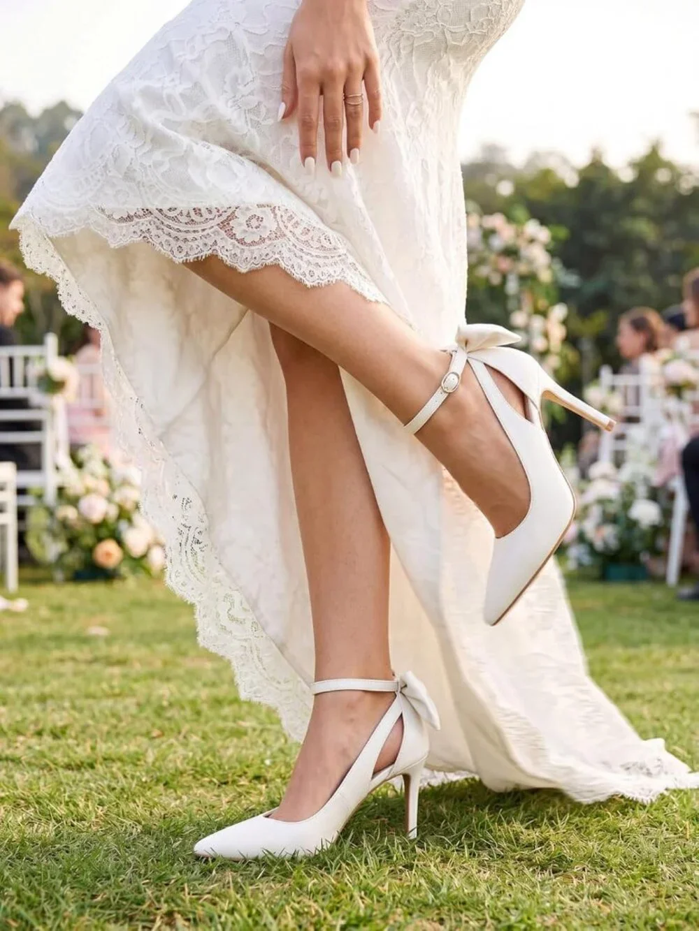 Women's Light Beige Pointed Toe High Heels Ankle Strap Sexy Bowtie Back Sandals